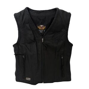 Harley Davidson Womens Black Leather Braided Motorcycle Vest Medium USA
